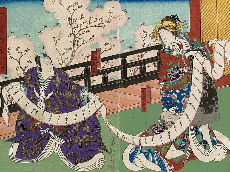 1841-Utagawa Yoshitaki - Scena da Informazioni militari di Ichinotani Futaba